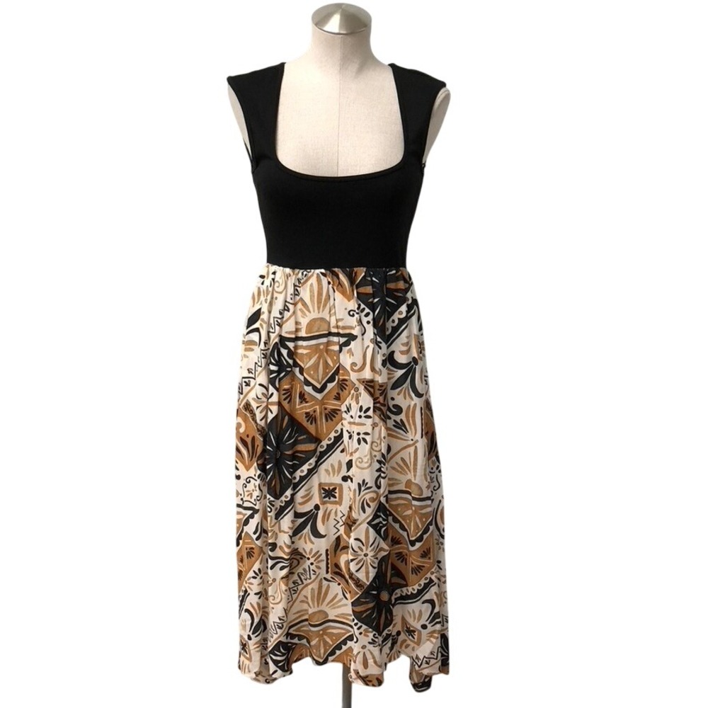 Anthropologie Maxi Dress Womens XS Black Tan Geometric Mixed Media Sleeveless